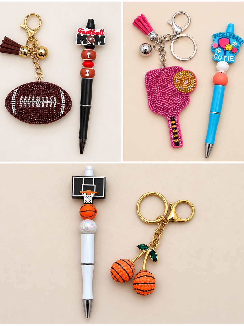 Set of 3 sports themed pen, and keychain sets